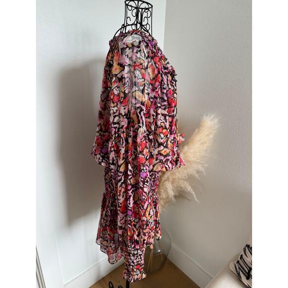Misa Celina Red Fire Flora Sheer Long Sleeve Smocked Mini Dress NEW Medium - Picture 4 of 14